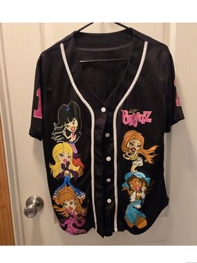 Bratz Black Short Sleeve Button Up Baseball Shirt